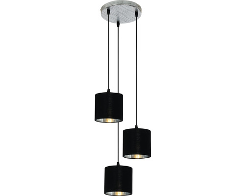 Hanglamp, 3-lichts, HxØ 120x21 cm, zilver/zwart, stoffen kap zwart aan de buitenkant, zilver aan de binnenkant