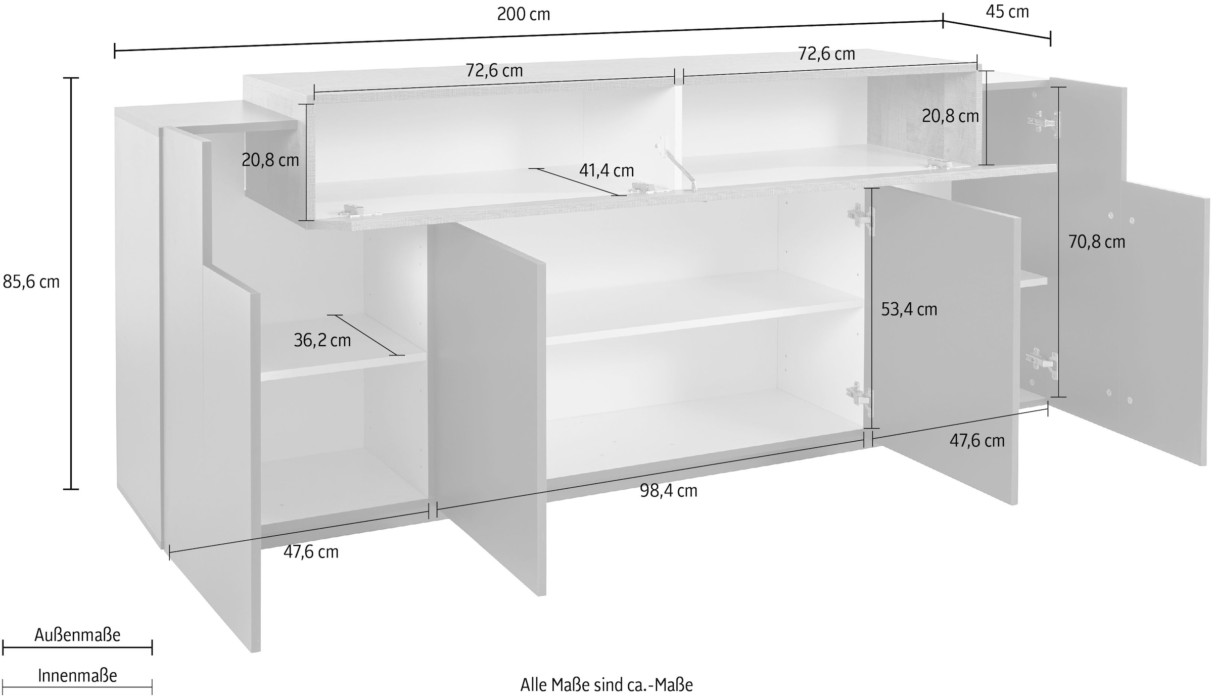 INOSIGN Sideboard »Coro, Kommode, Schrank, Kredenz, grifflos mit Einlegeböden« 1 klappe,4 Türen, Doppeltiefe,  B/T/H 200x45x85,6cm
