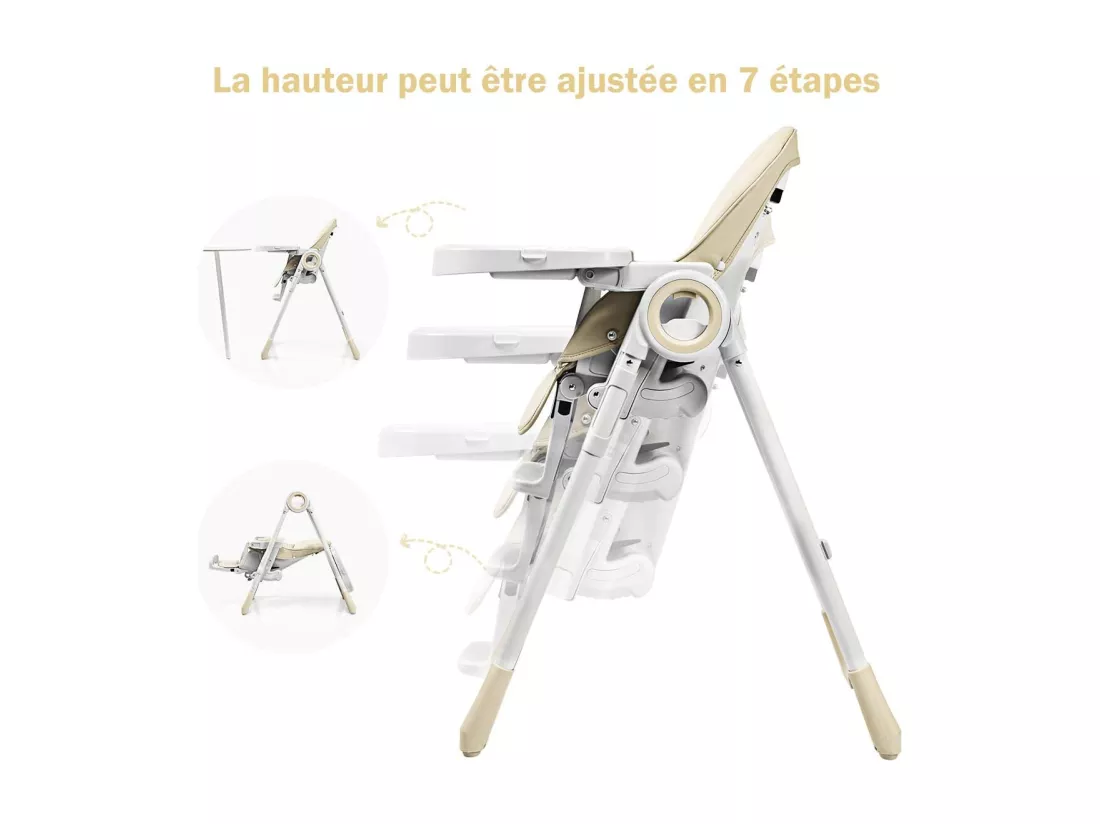Chaise Haute Bébé Evolutive Pliable 2 en 1 en PP Hauteur et Angle Réglables avec Assiette,Plateau de Jeu Charge 20KG Beige