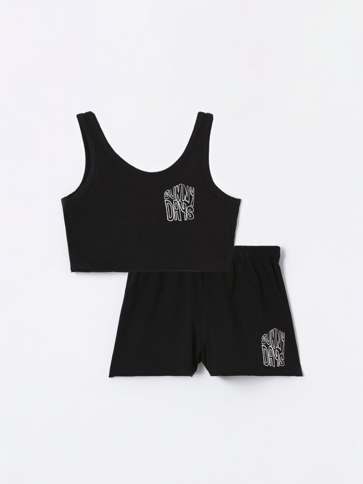 Conjunto de top e shorts com estampa - Preto