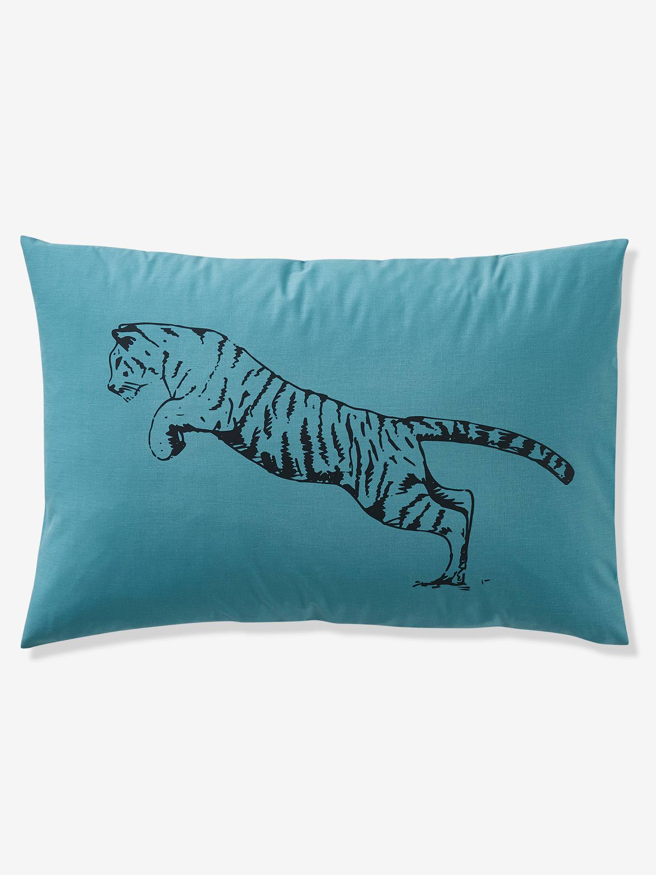 Conjunto de capa de edredom e fronha Tiger em azul médio liso com estampas.