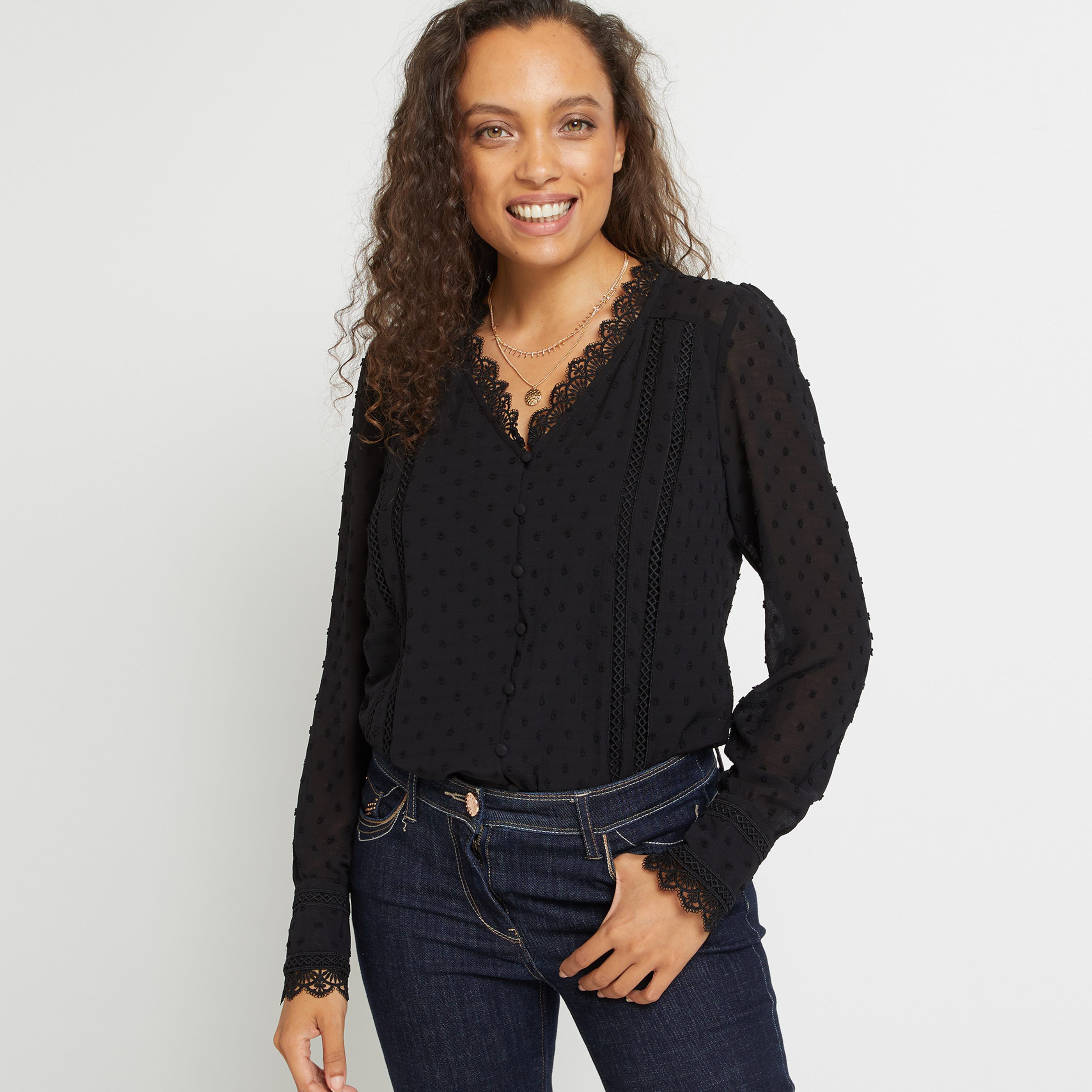 Chemisier dentelle plumetis femme - NOIR