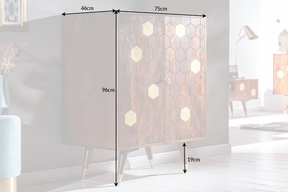 Massiver Barschrank MYSTIC LIVING 75cm Akazie braun gold Retro Design