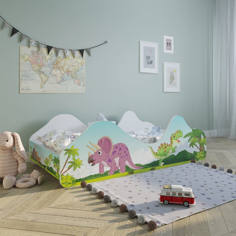 Kids Collective Kinderbett Jugendbett 80x160 mit Rausfallschutz | Kinder Spielbett mit Lattenrost Dino Motiv