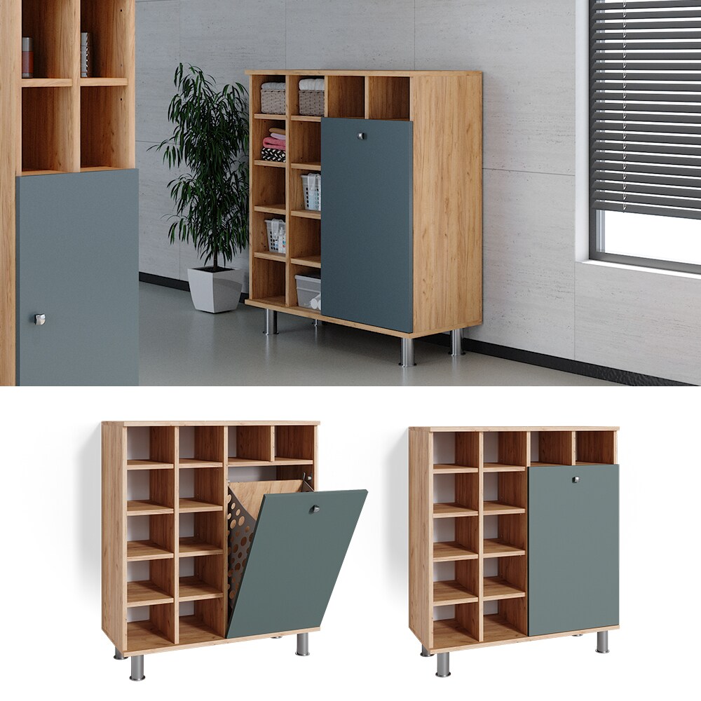 Vicco Wäscheschrank Badezimmerschrank Badschrank Fynn Eiche Grün Wäschekorb