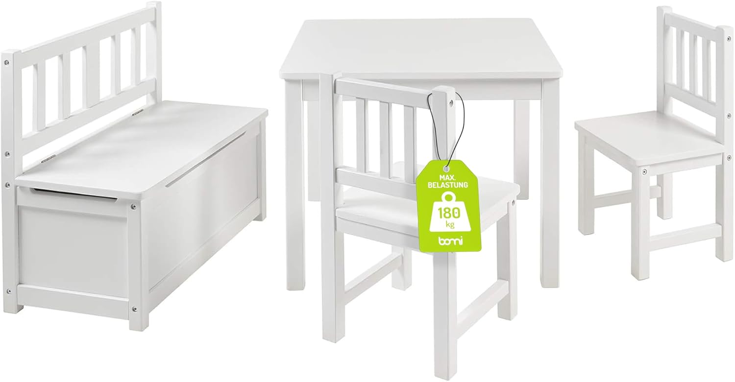 Bomi Kindersitzgruppe Anna mit integrierter Spielzeugkiste | Kinderzimmer-Set inkl. Kindertisch mit 2 Stühlen & Kindertruhenbank | Kindermöbel aus FSC nachhaltigem Kiefern Massiv Holz | Weiß