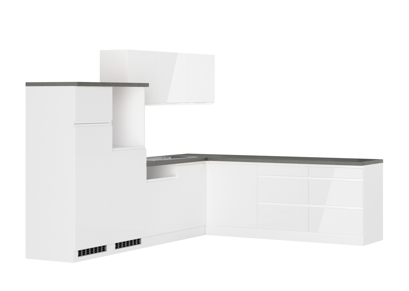 Winkelküche MONZA - weiß Hochglanz - Beton-Optik - 300x240 cm