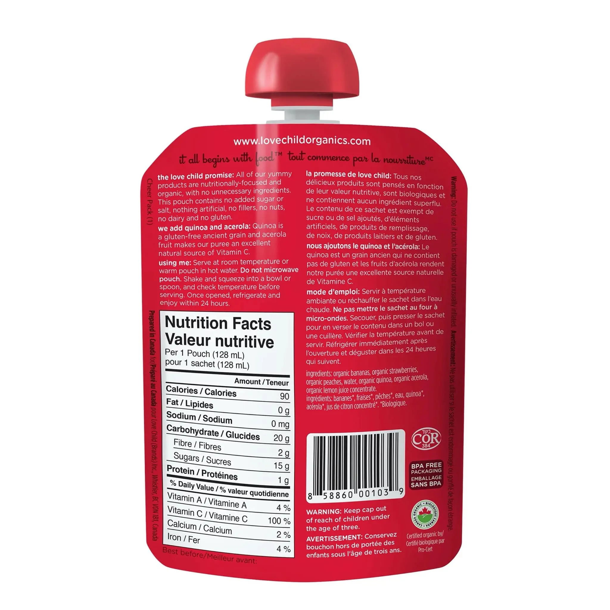 Love Child Organics Purée Bio - Superblends -  Bananes, Fraises et Pêches ( À partir de 6 mois )
