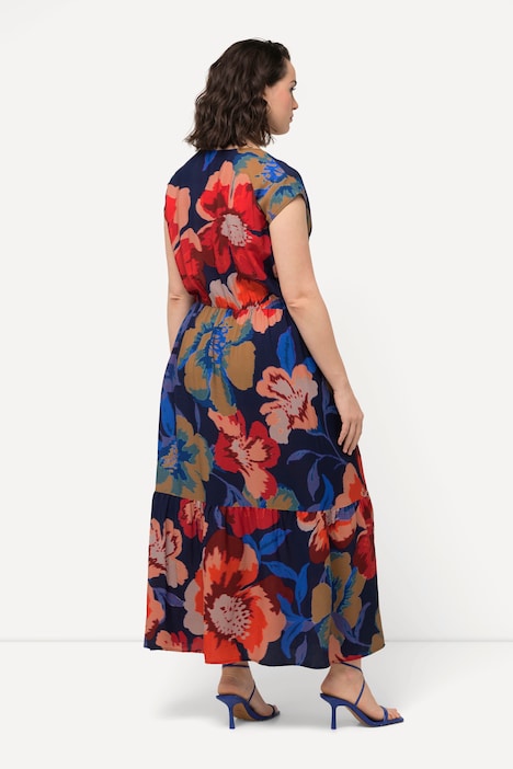 Maxikleid, Blüten, A-Linie, V-Ausschnitt, Halbarm