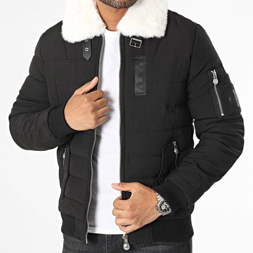 Veste Bomber Col Fourrure Solo Noir Blanc