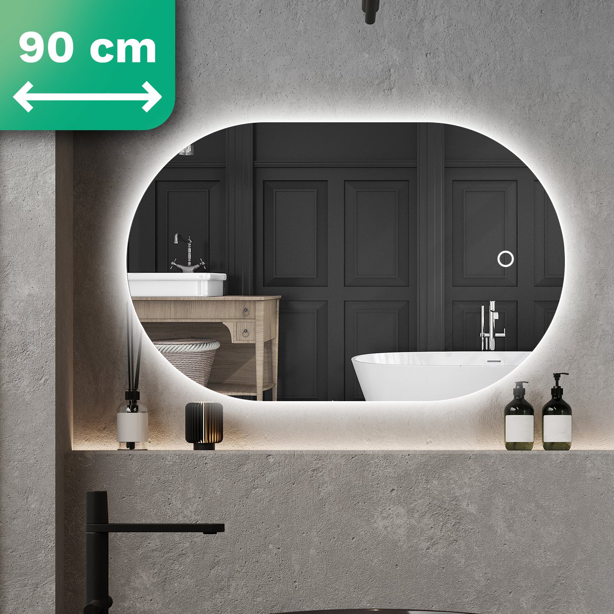 Mirlux badkamerspiegel met ledverlichting, ronde wandspiegel, anticondens douchespiegel, 90x60cm