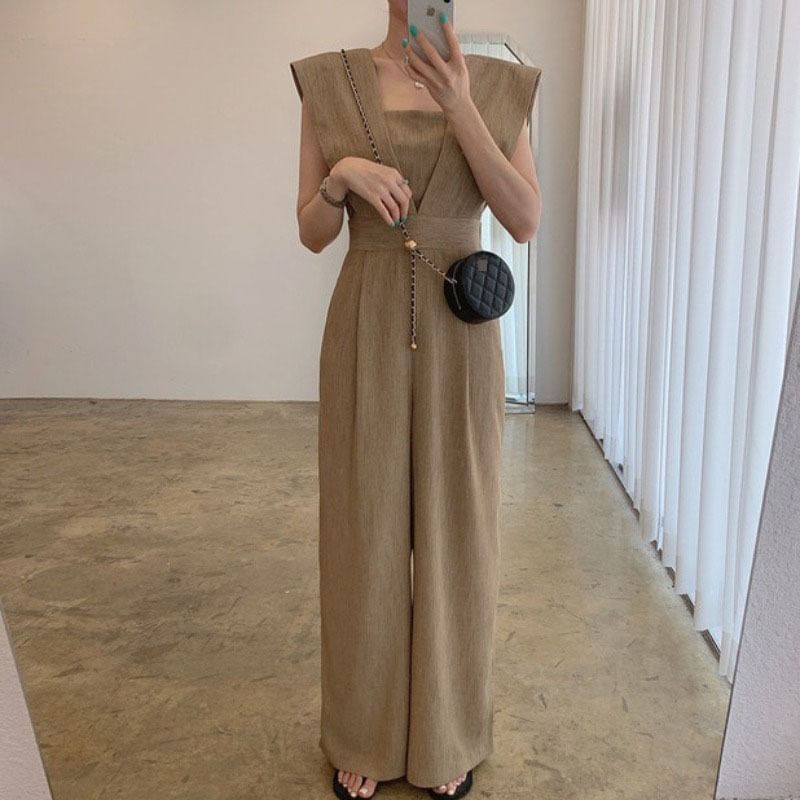 Bubapop - Mouwloze jumpsuit met vierkante hals en wijde pijpen