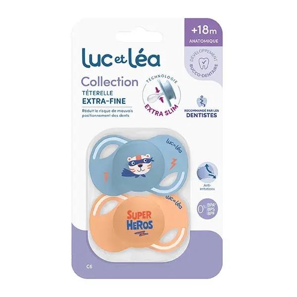 Luc et Léa Collection 2 Sucettes Anatomiques Tetine Extra-slim +18 mois Heros
