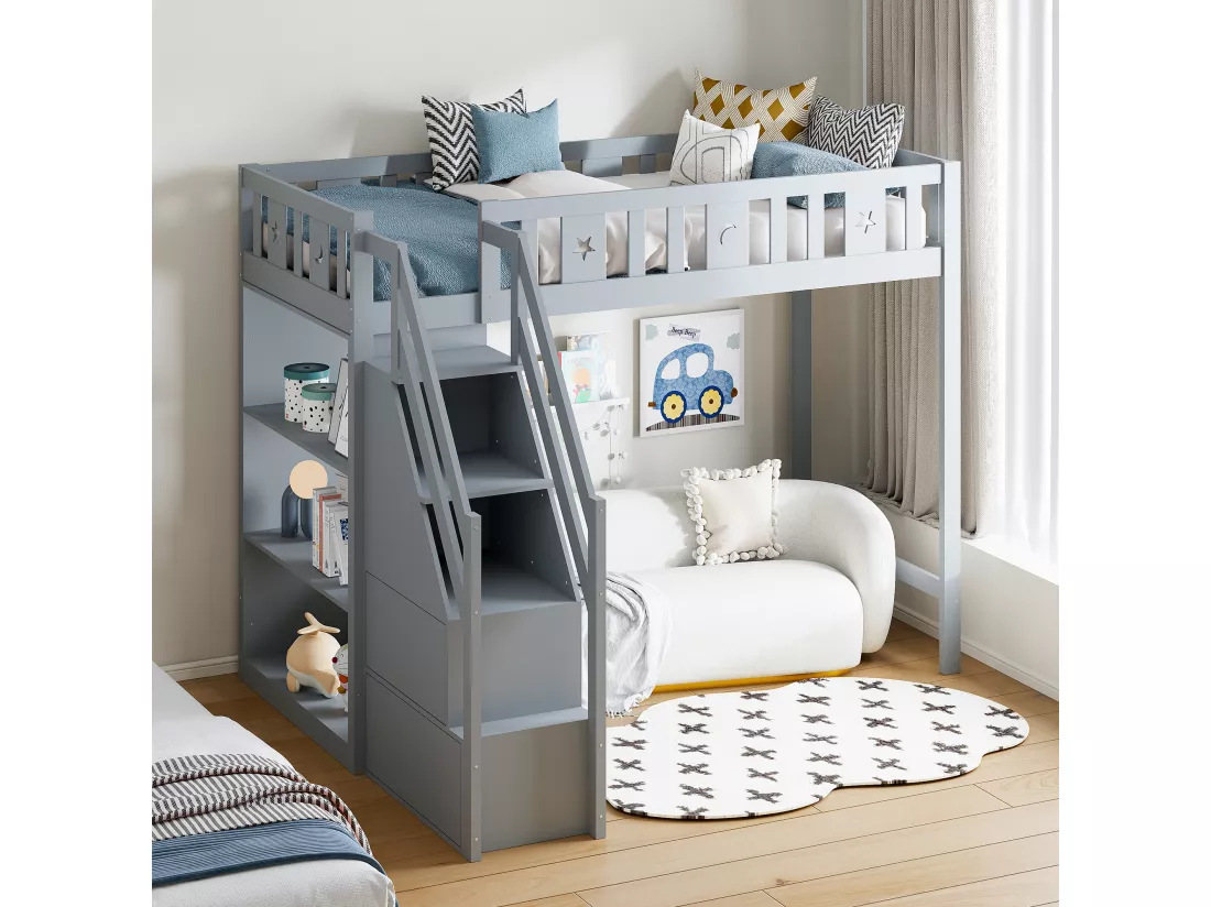 Lit mezzanine 90x200 cm - avec étagères et échelle de rangement - en bois massif - Gris