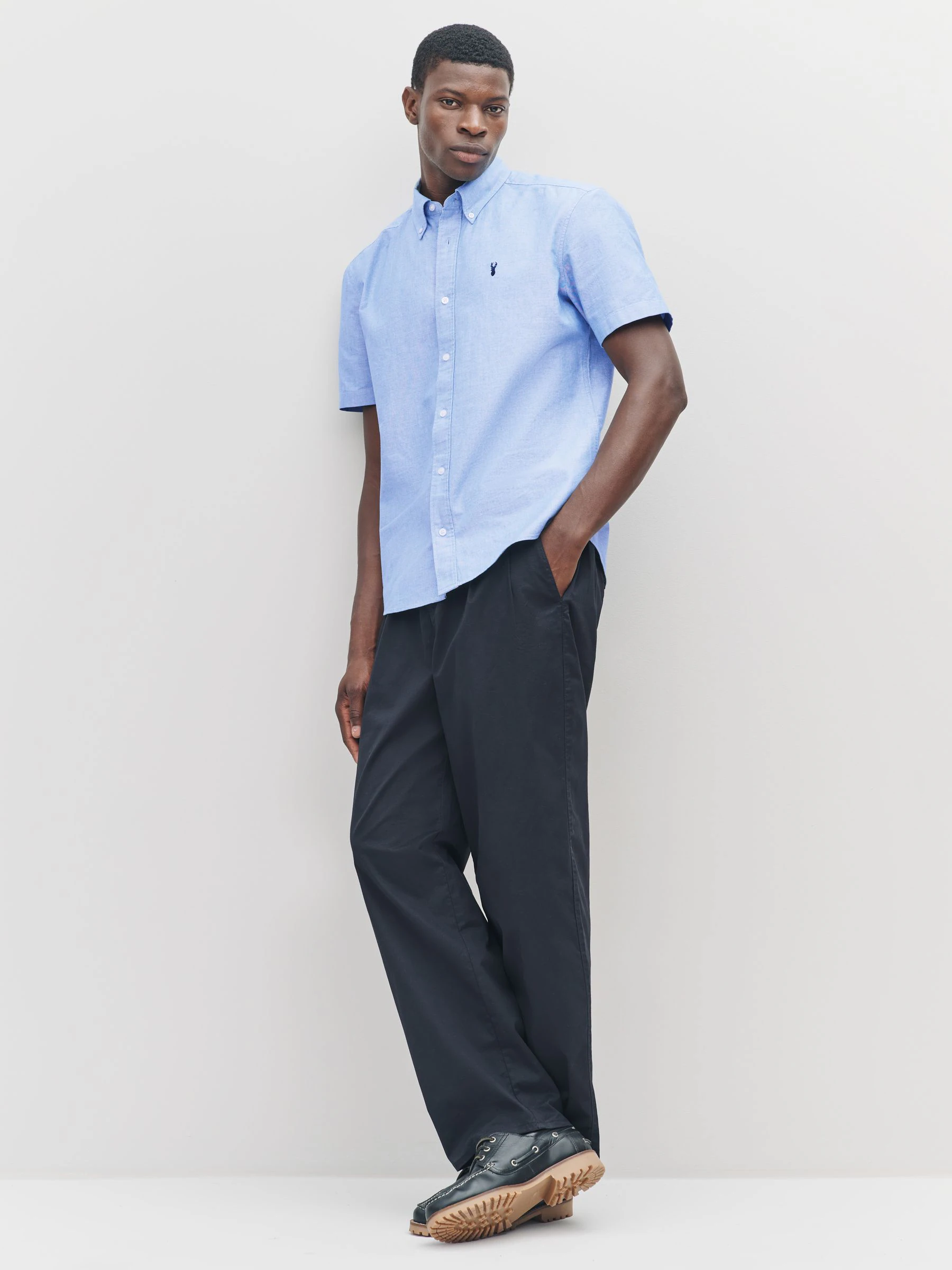 Lichtblauw - Slim Fit - Oxford-overhemd met korte mouwen