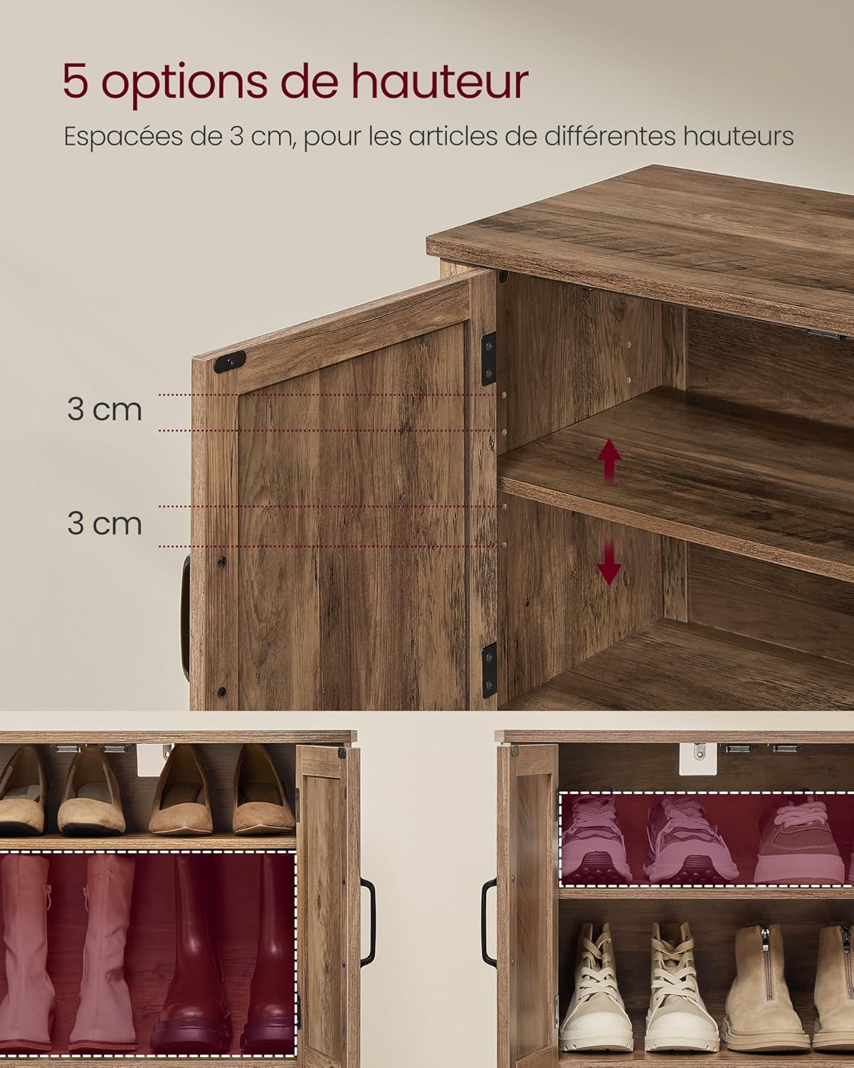 SONGMICS VASAGLE Meuble, Organisateur à 3 Niveaux, Chaussures, Style Campagne Moderne, Armoire Indépendante avec Étagère Réglable, 35 x 80 x 70 cm, Entrée, Marron Miel LBC039B01, 120L cm HQ4507691