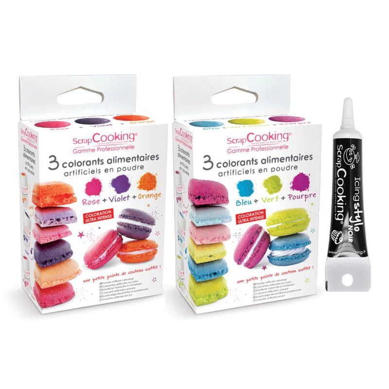6 colorants alimentaires en poudre + Stylo glaçage noir Scrapcooking