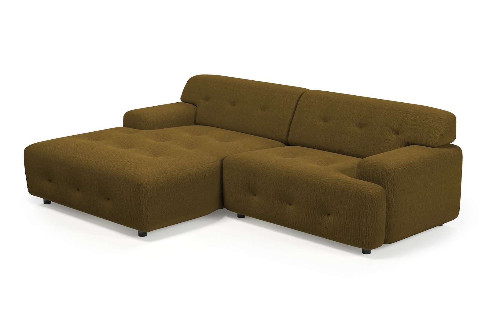 Bob sofa 1,5-seter med sjeselong venstre. Tekstil Mito 14 Khaki med sorte ben.