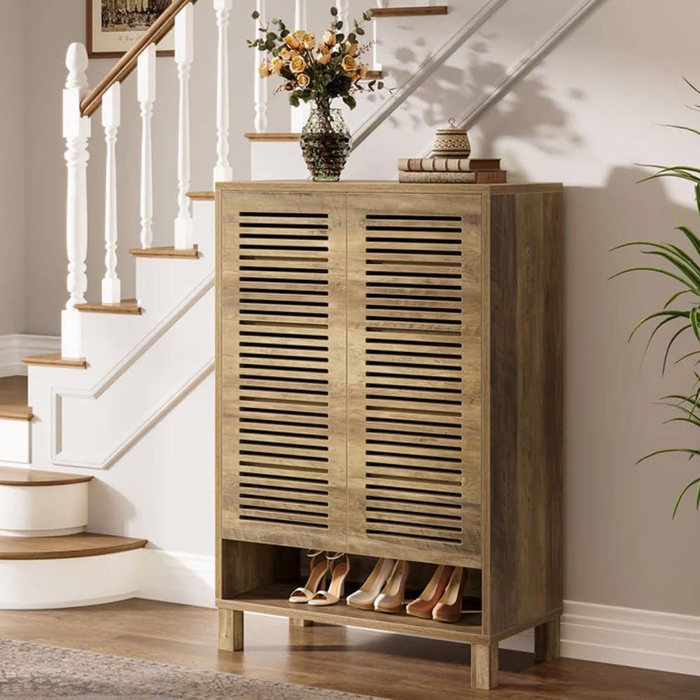 Tribesigns 6-stöckiger Schuhschrank mit 2 Shutter Türen, 73x35x109cm, 24 Paar Bauernhaus-Schuhschrank mit verstellbaren Regalen,Schuhaufbewahrung aus Holz für Eingangsbereich, Wohnzimmer, helle Eiche
