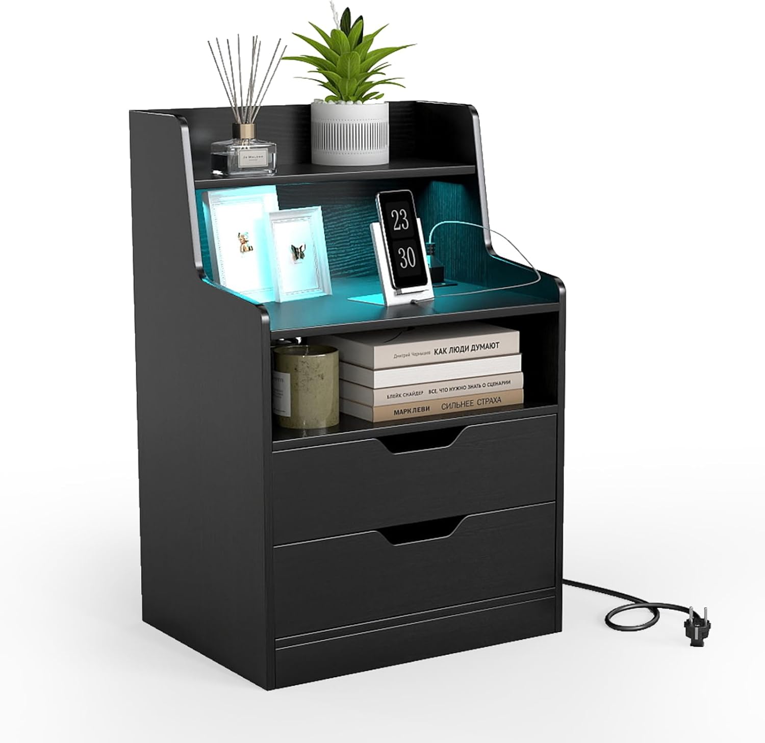 COSTWAY Nachttisch mit LED-Lichtern und Ladestation, Beistelltisch mit 2 Schubladen, offenen Fächern & Fernbedienung, Sofatisch, Nachtschrank für Boxspringbett, 45 x 35 x 72,5 cm (Schwarz) LJ3526035