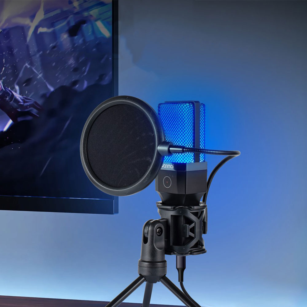 Studio Kondensator USB / USB-C Mikrofon für Gaming / Streaming mit Pop Filter / ANC / Dreibein Stativ und RGB LED - Schwarz