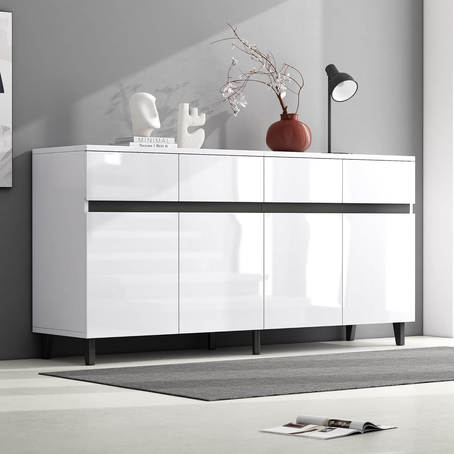 Hochglanz Sideboard Wohnzimmer mit 4 Schubladen und 4 Türen, Buffetschrank mit Höhenverstellbaren Regalböden, 160 x 40 x 68cm, Modern Wohnzimmerschrank für Schlafzimmer, Büros, Flur, Weiß