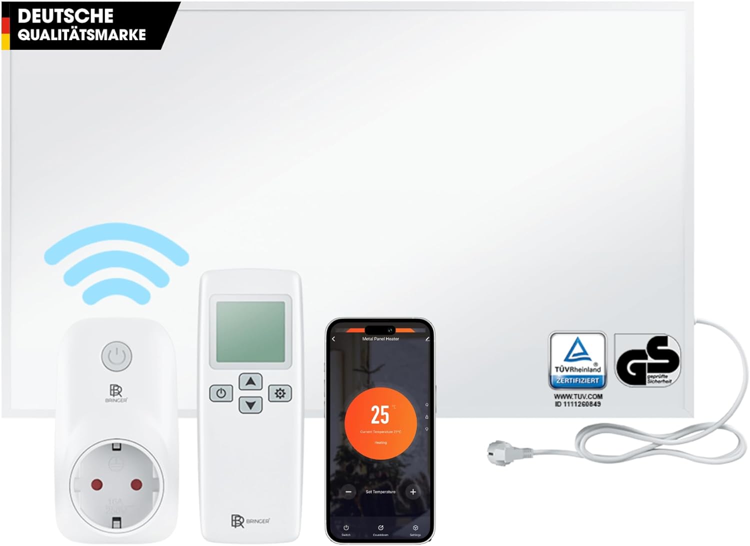 BR Bringer Infrarotheizung 800 Watt - mit Smart Thermostat und Fernbedienung - Infrarot Elektroheizung Energiesparend - TÜV & GS - Deutsche Qualitätsmarke (weiß)