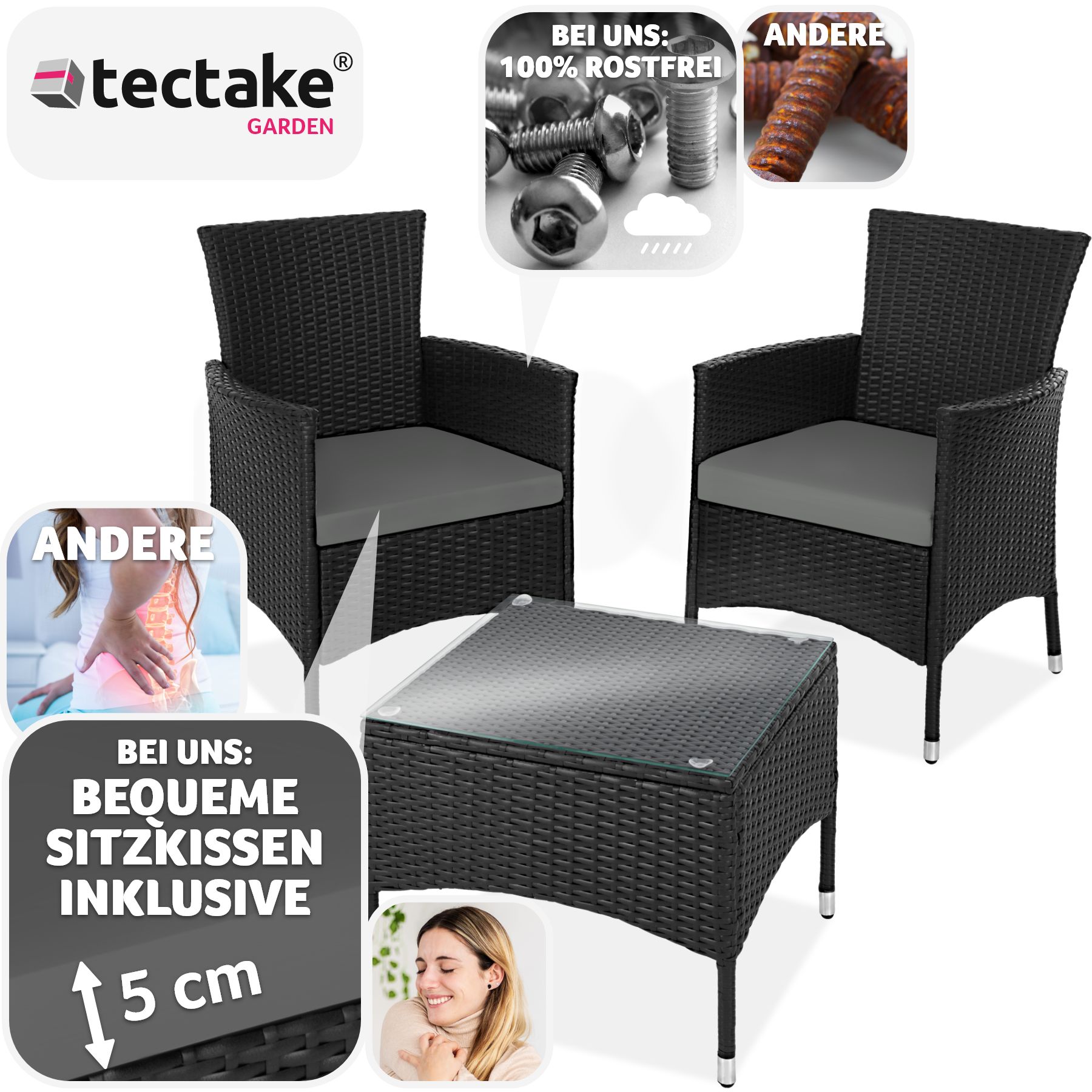tectake® Rattanset, für 2 Personen, UV-beständig, 2 Bezugssets