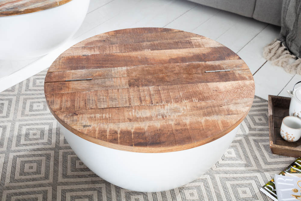 Runder Couchtisch INDUSTRIAL STORAGE 60cm weiß natur Mangoholz mit Stauraum handmade