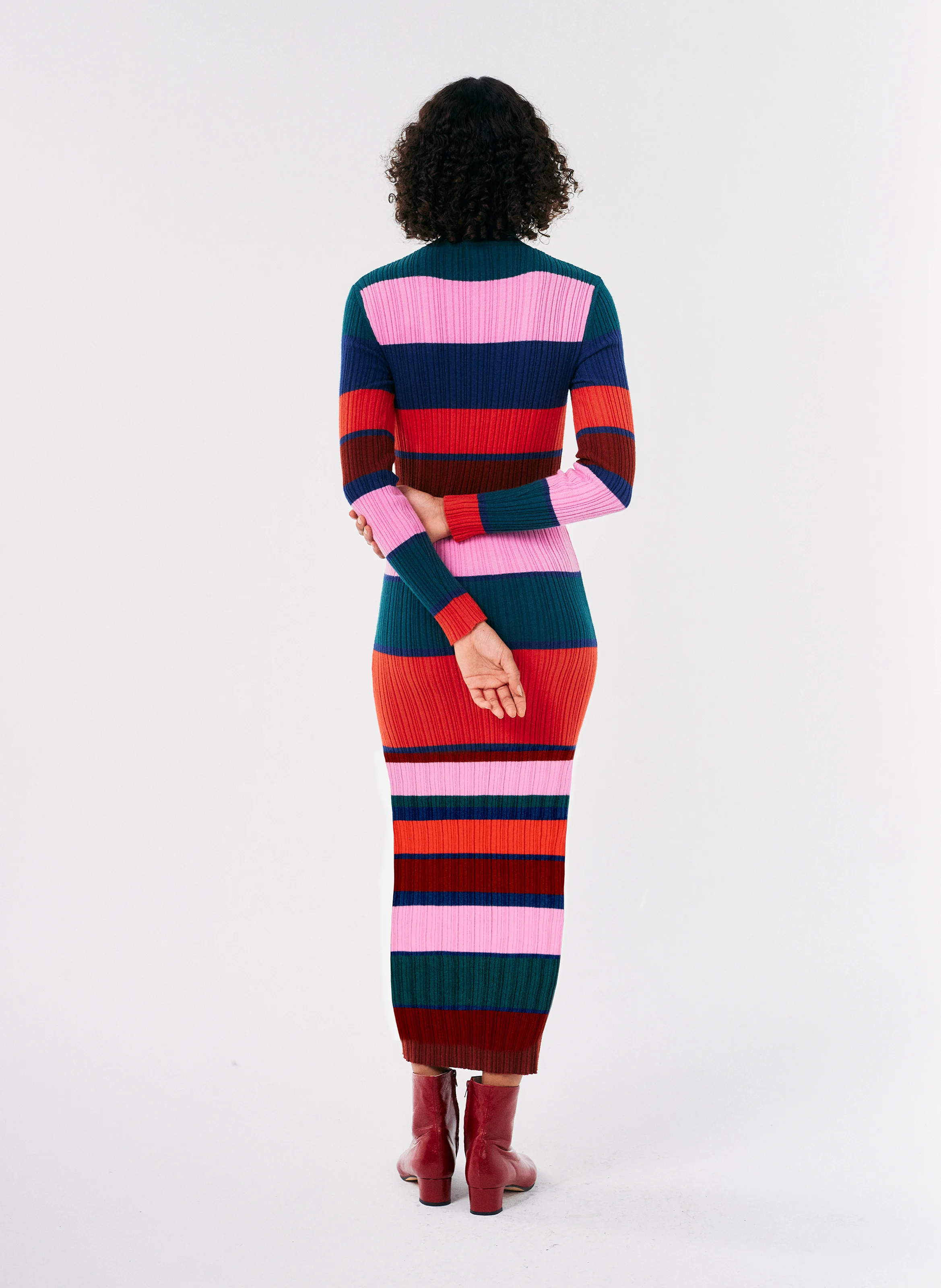 Robe longue col montant à rayures | Multicolore