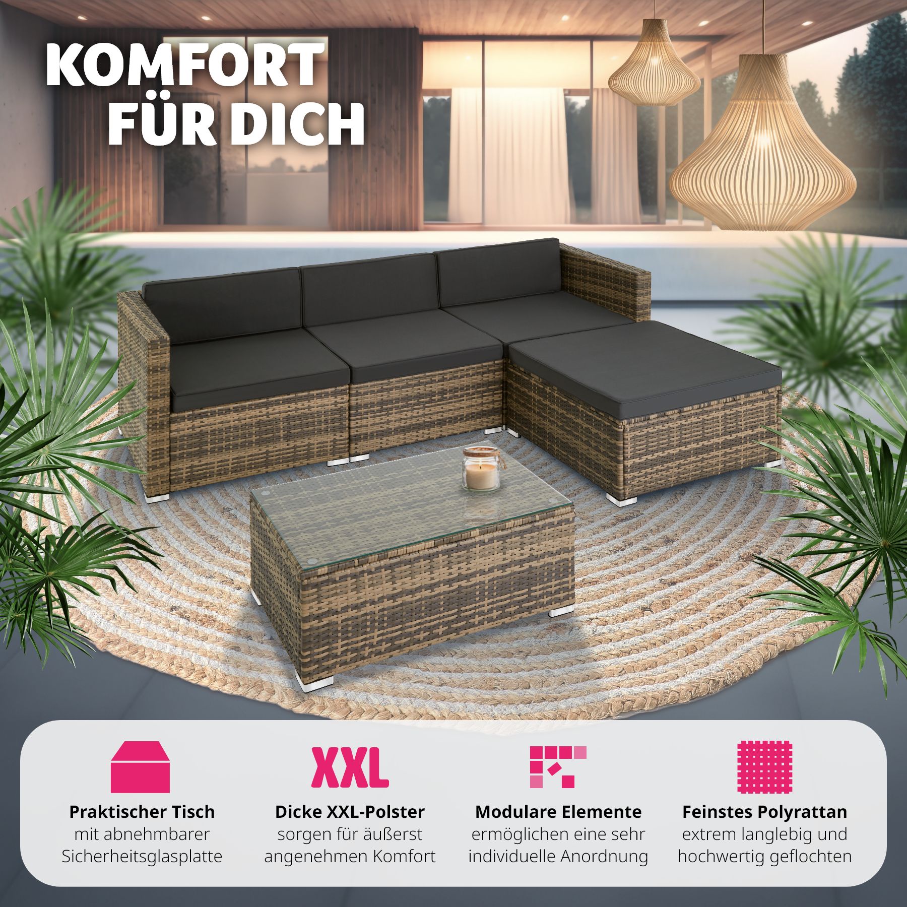 tectake® Rattan Lounge, für 3 bis 4 Personen, UV-beständig, mit Sicherheitsglasplatte