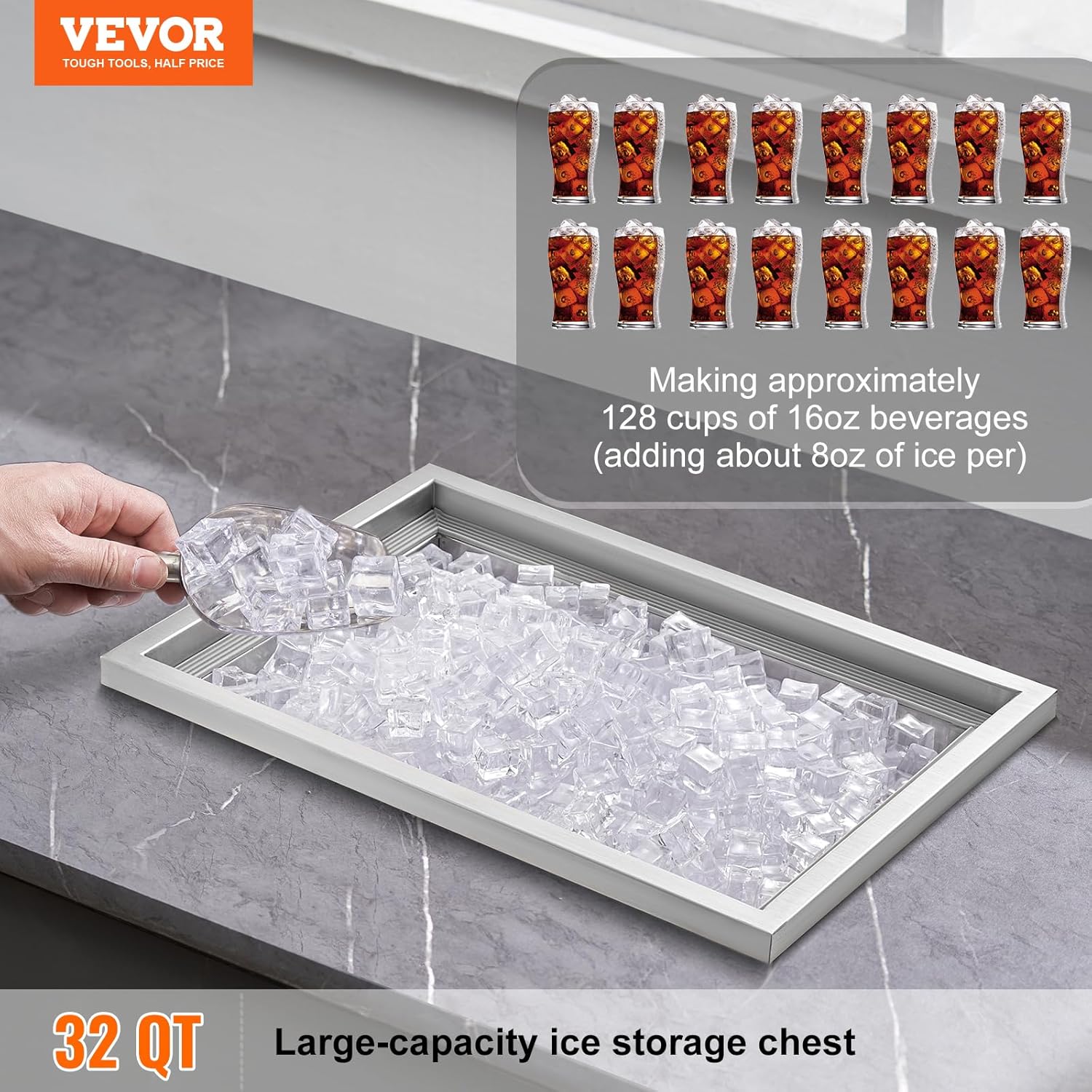 VEVOR Drop In Ice Chest, Edelstahl Eiskühler, Kommerzieller Eisbehälter mit Scharnierabdeckung, Outdoor Küche Eisbar, für Kaltes Wein Bier