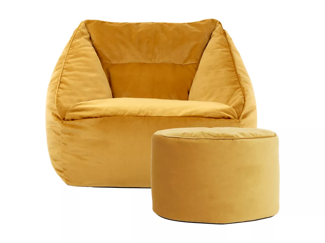 Pouf fauteuil avec repose-pied rond velours jaune ocre - NATALIA