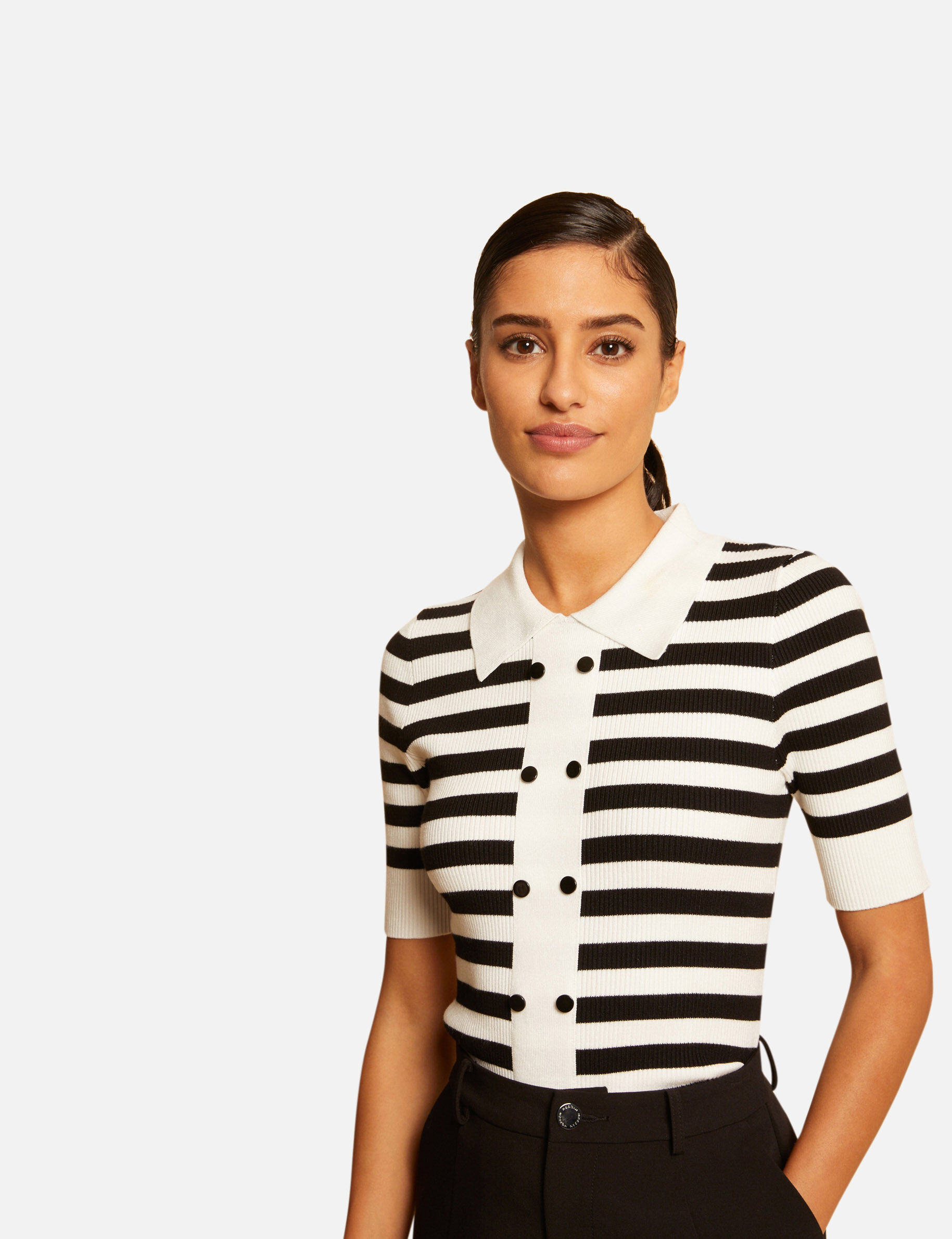 Pull manches courtes à rayures noir femme - noir