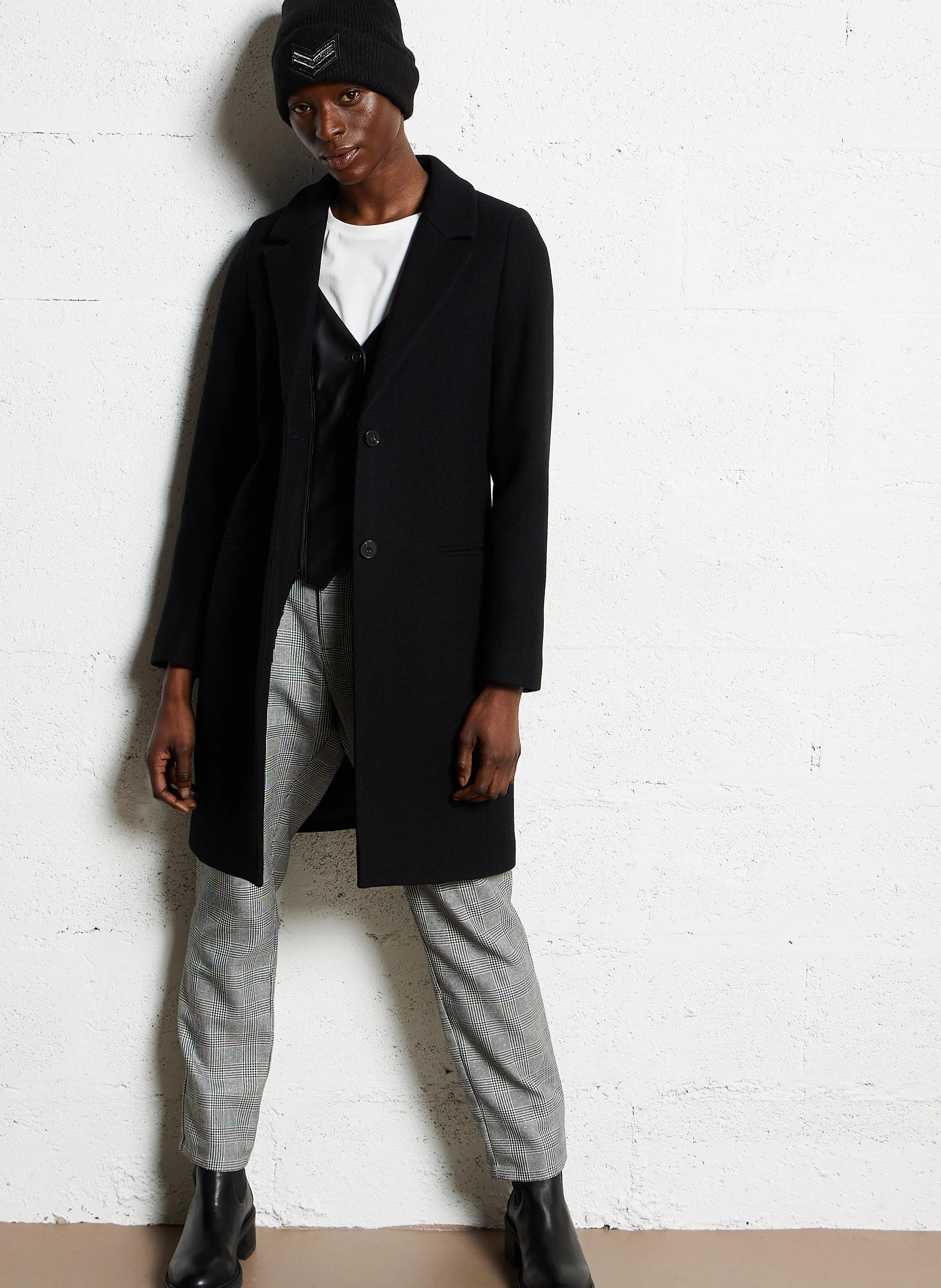 Manteau mi-long droit en laine mélangée| Noir