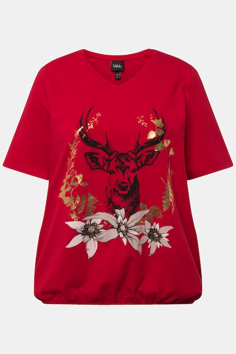 T-Shirt, Trachtenmotiv, V-Ausschnitt, Halbarm, Elastiksaum