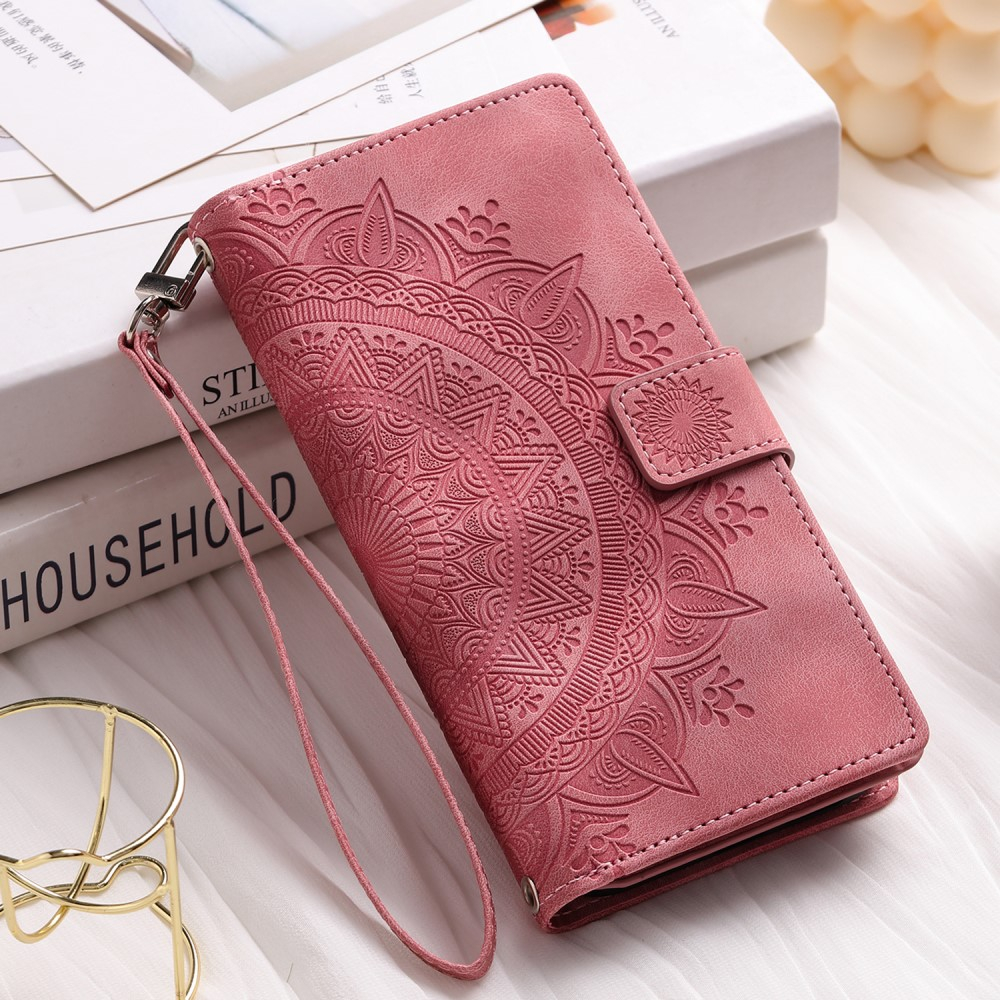 iPhone 15 Leder Tasche Flip Cover mit Reissverschluss - Mandala Flowers Imprint - Rosa