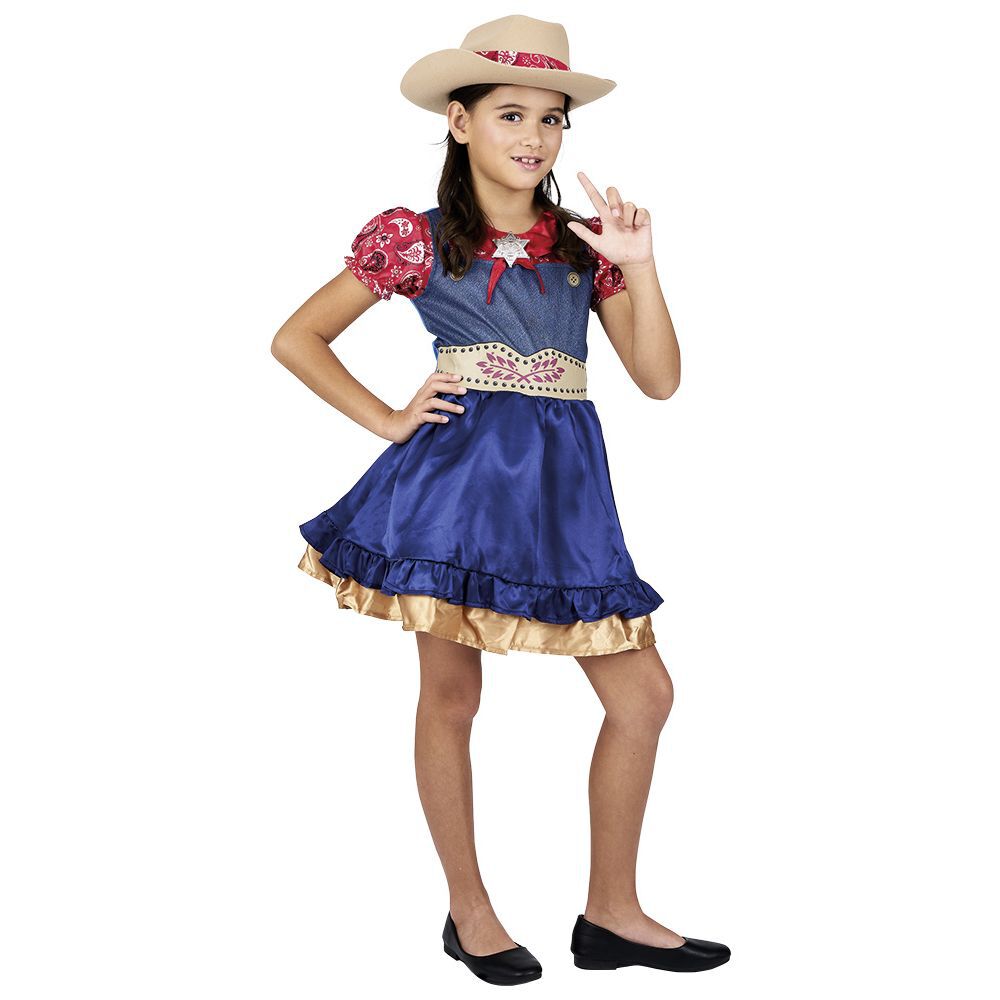 Déguisement fille Cowgirl robe et chapeau rouge bleu 7/10 ans