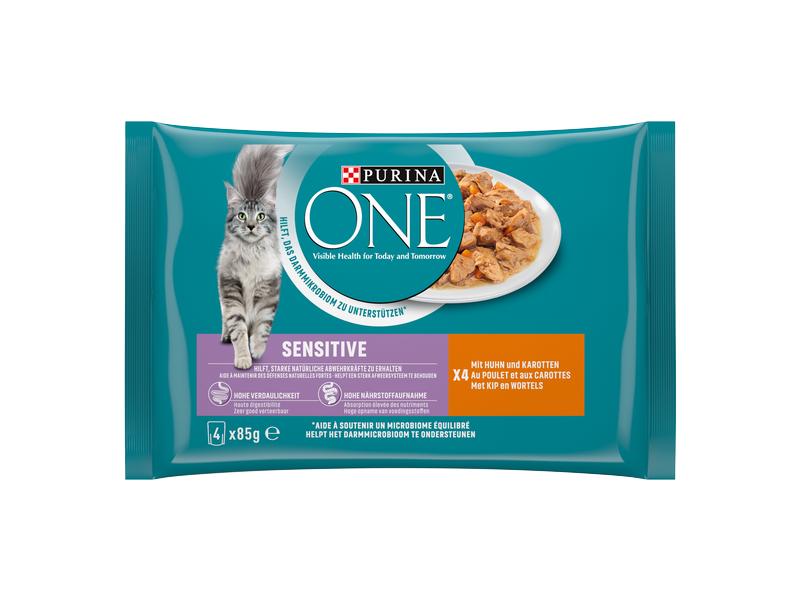 Purina ONE Nassfutter SENSITIVE in Sauce Huhn/Karotten, 4 x Alleinfuttermittel für ausgewachsene Katzen