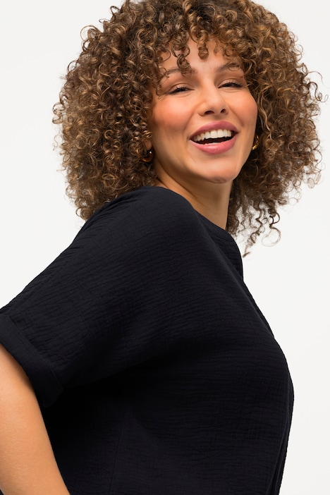 Musselin-Bluse, Oversized, Tunika-Ausschnitt, Halbarm