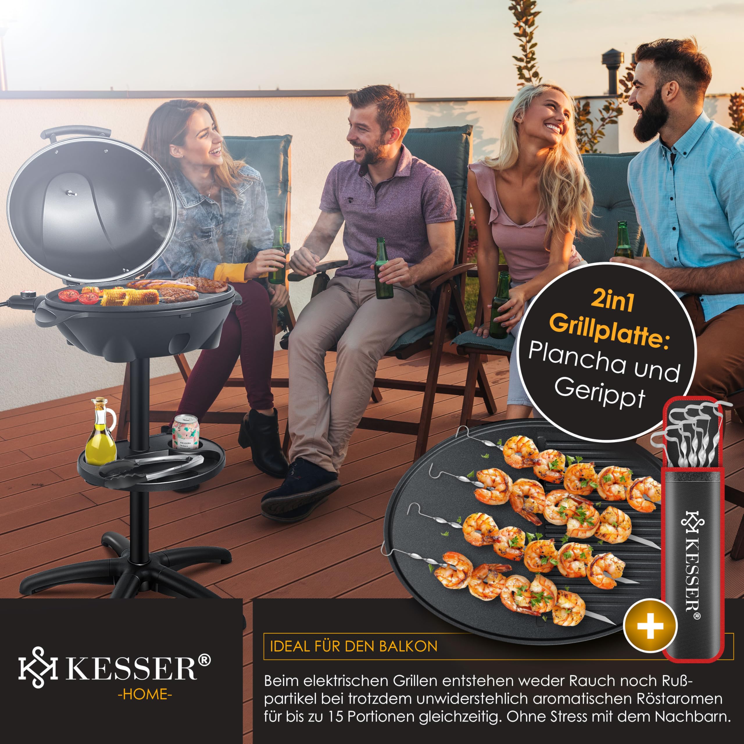 KESSER® Barbecue électrique 2 en 1, sur pied avec couvercle, Thermomètre maximum 2400 W, Revêtement antiadhésif, Plaque de cuisson XXL, Surface de rangement intégrée, Barbecue colonne électrique