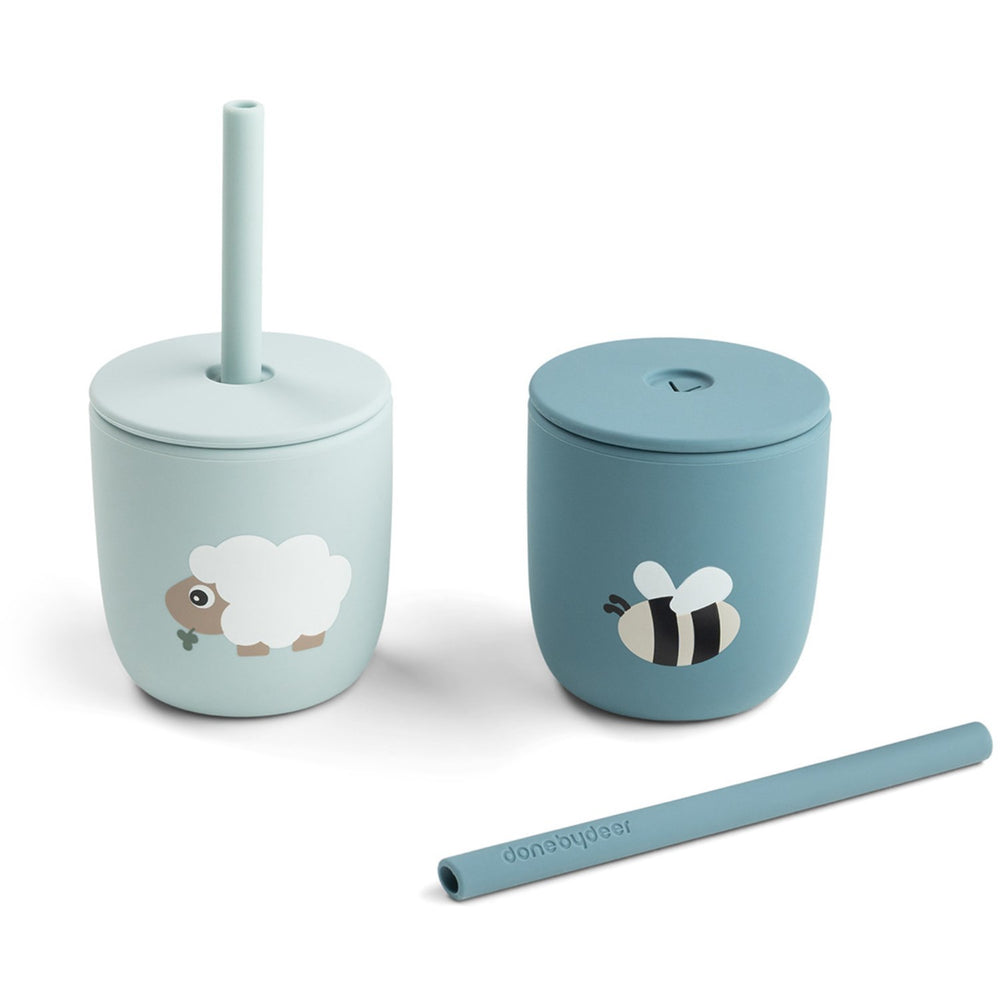 Køb DonebyDeer Tiny Farm Blue Silikone Sugerørskop 2-Pak