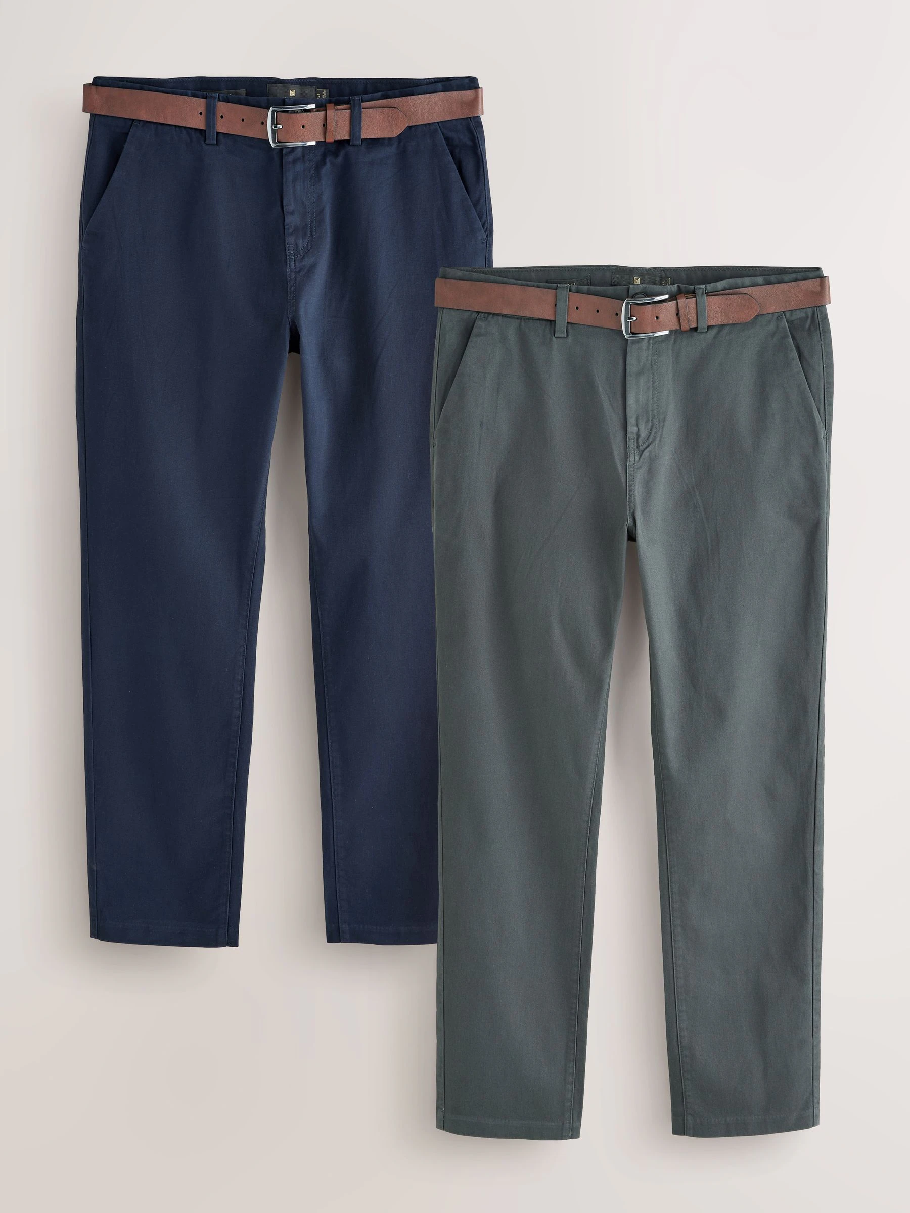 Marineblauw/grijs antraciet - Slim Fit - Set van 2 zacht aanvoelende Chino met ceintuur