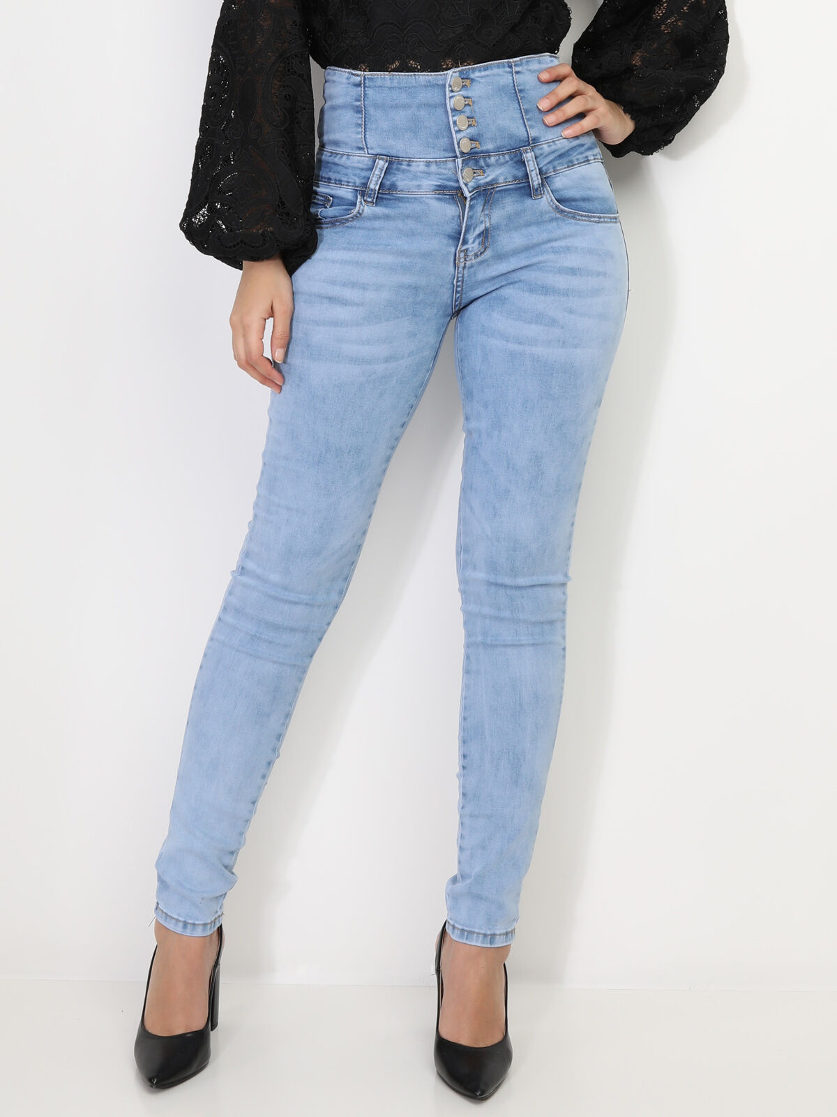Jeans slim taille très haute- Bleu clair