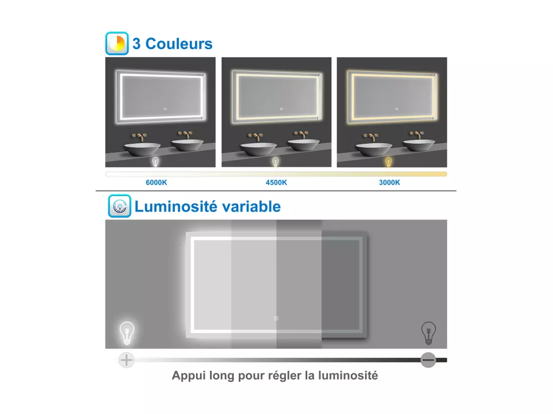 AICA Ensemble meubles salle de bains noir 120cm,lavabo+Miroir Lumineux antibuée,3 couleurs dimmable+mémoire