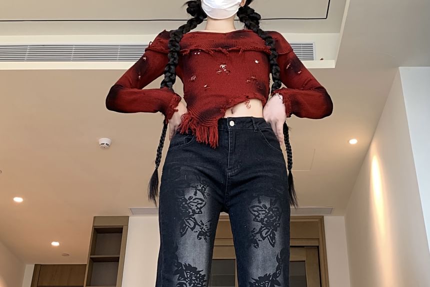 Porstina - Mid Rise Floral Washed Bootcut Jeans