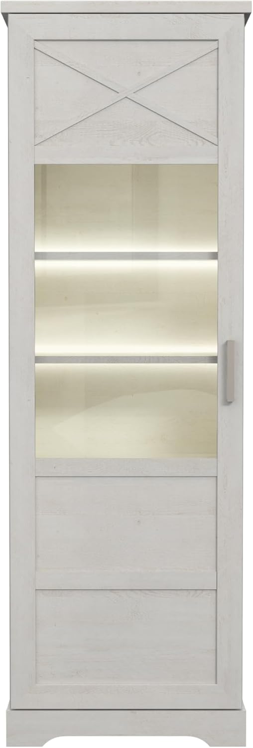 Forte ROCKHAMPTON Vitrine 70, Wohnzimmervitrine modern, Vitrinenschrank weiß, Linksseitige Vitrine mit 2 Türen, Holzwerkstoff, Pinien Holzdekor/Weiß, 68,5 cm breit x 206,2 cm hoch x 42 cm tief