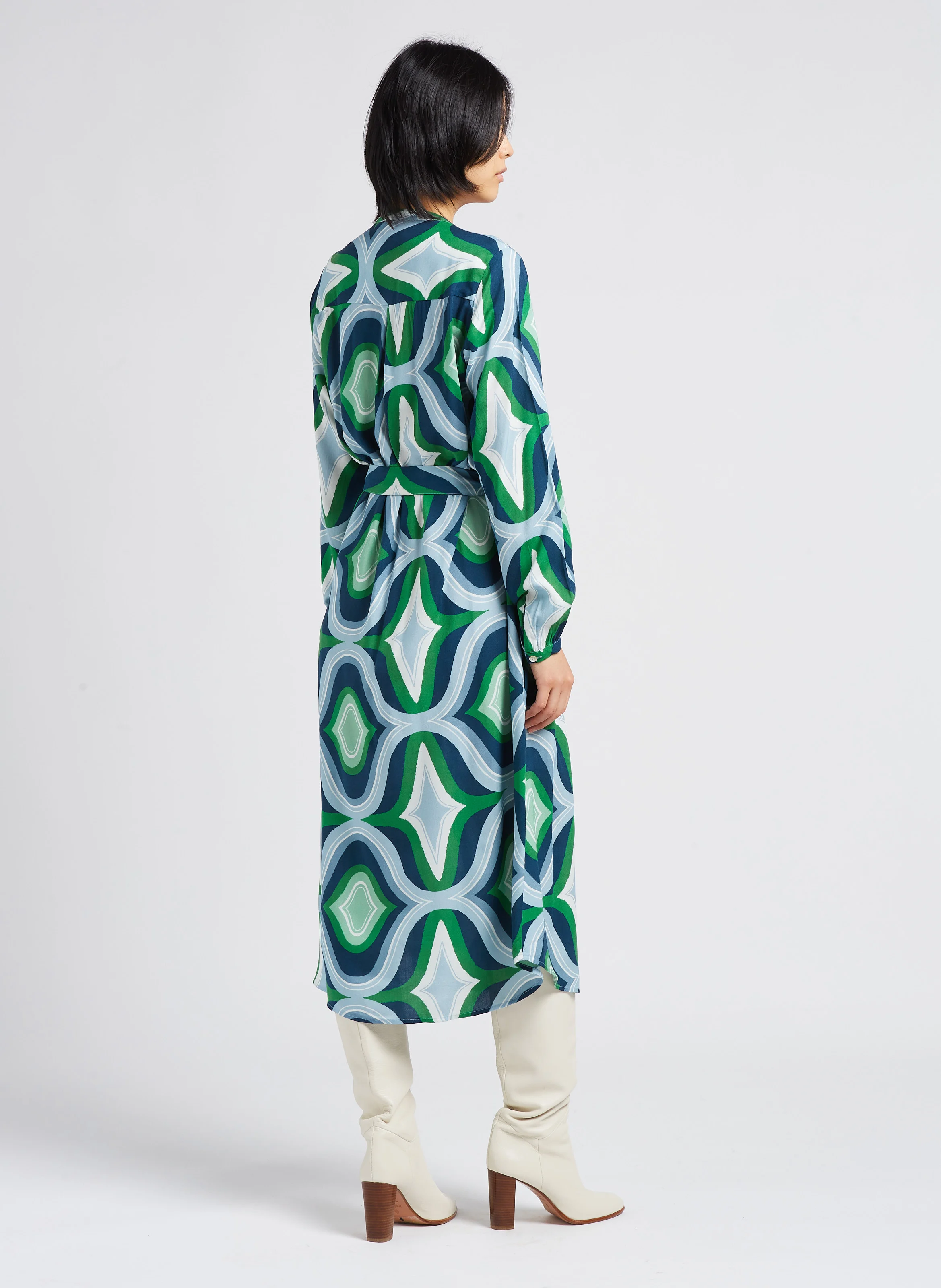 CLELIE - Robe midi col tunisien imprimé géométrique| Vert