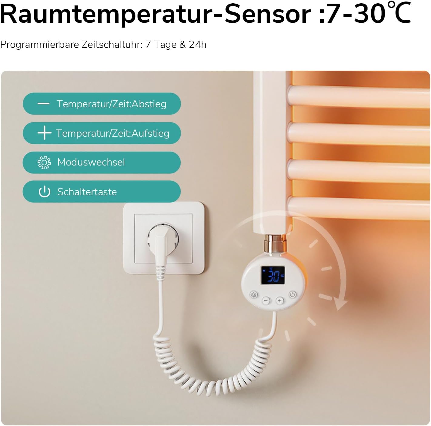 EMKE Handtuchheizkörper Elektrisch mit Thermostat 1400 x 500 mm, WiFi Intelligenter Gebogen Badheizkörper Elektrischer Handtuchwärmer Handtuchhalter mit Heizstab Weiß 600 Watt