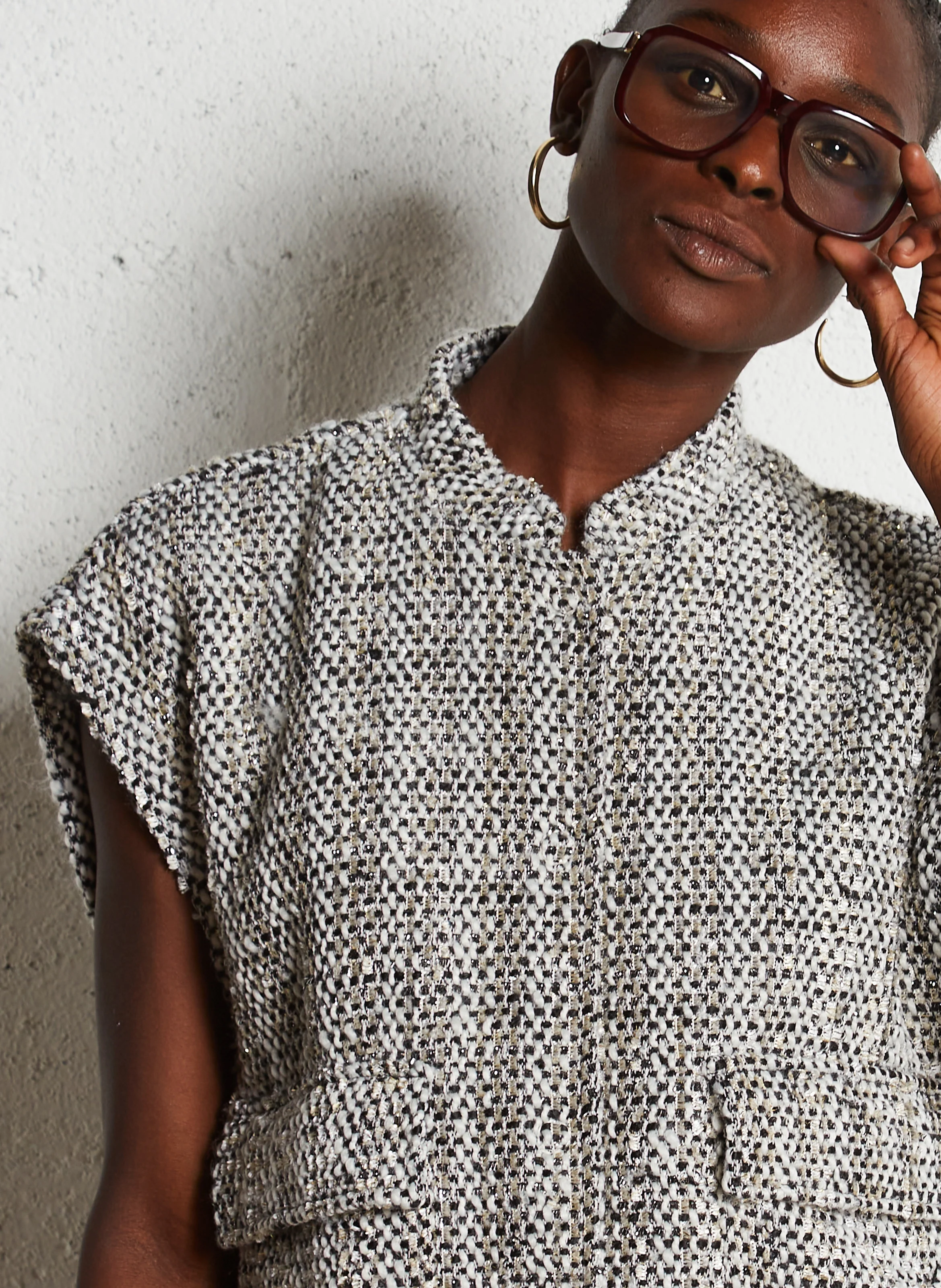 Veste ample col mao en tweed | Blanc